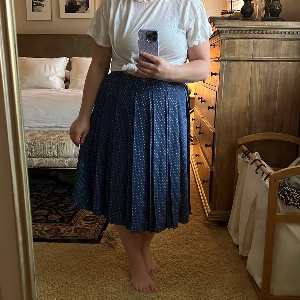 Blue with white polka dot J.Crew pleated skirt